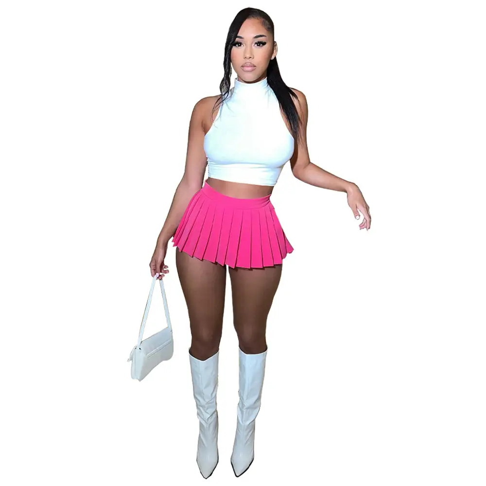 Sexy Pink Pleated Skirt with White Boots - Image 30