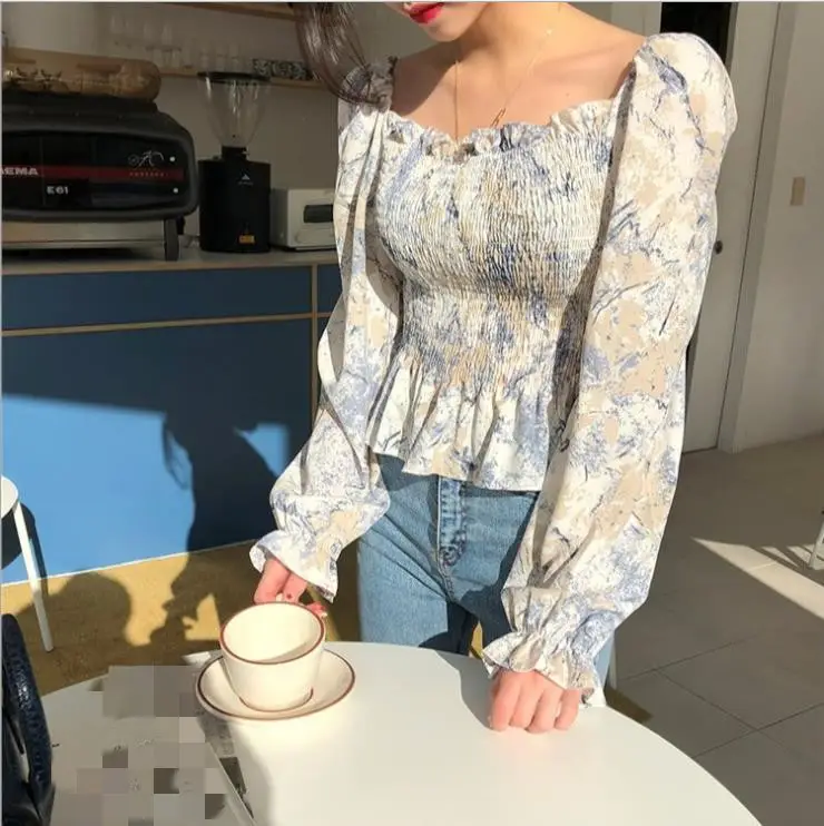 Foreign-style floral long sleeve blouse with collar