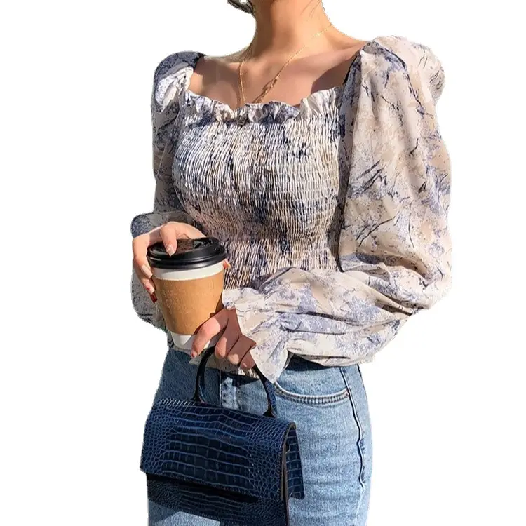 Foreign-style floral long sleeve blouse with collar