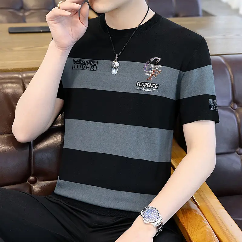 Men Knitted Striped T-Shirt Black Blue Loose Fit