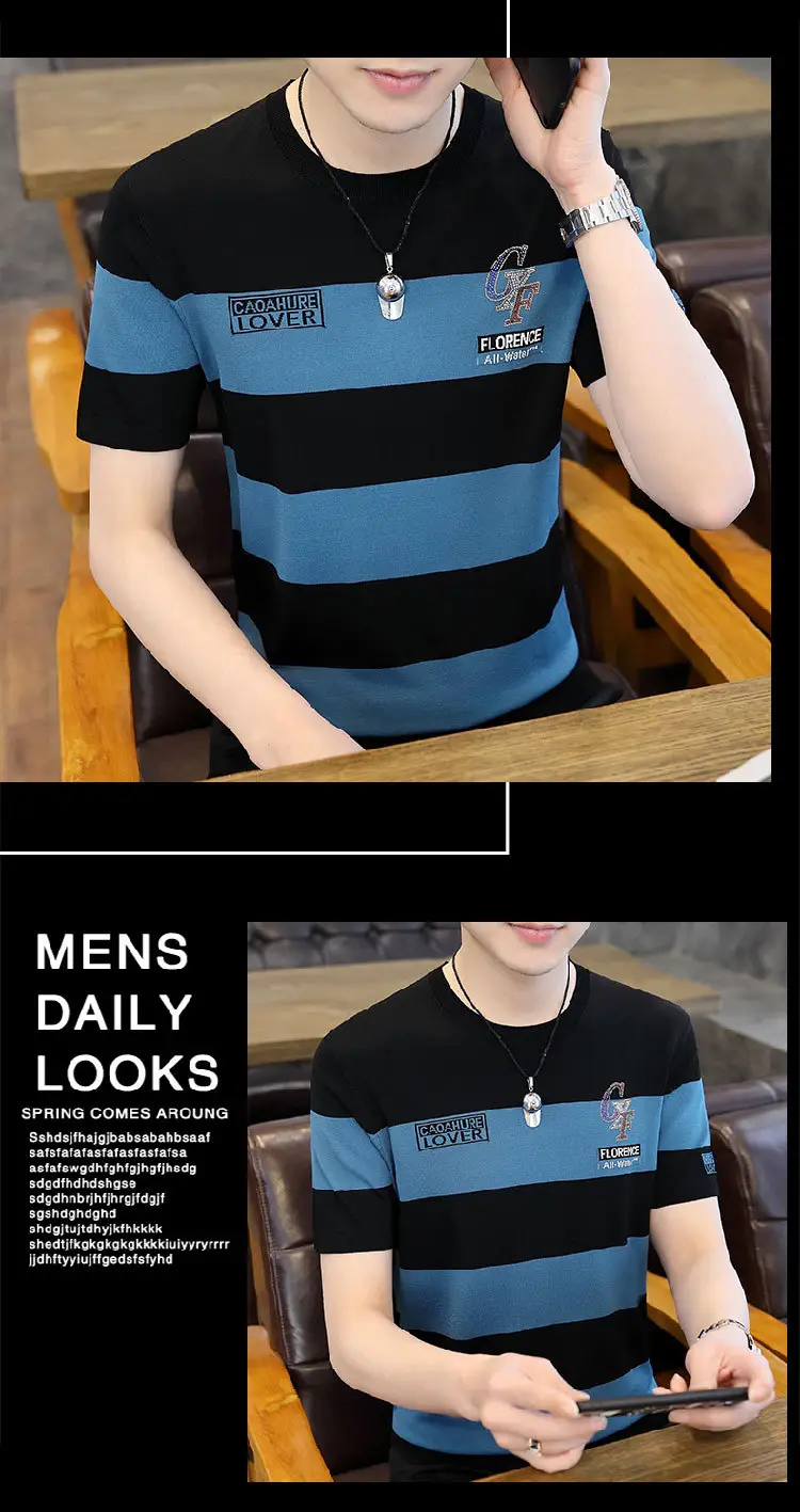 Men Knitted Striped T-Shirt Black Blue Loose Fit — feature 10