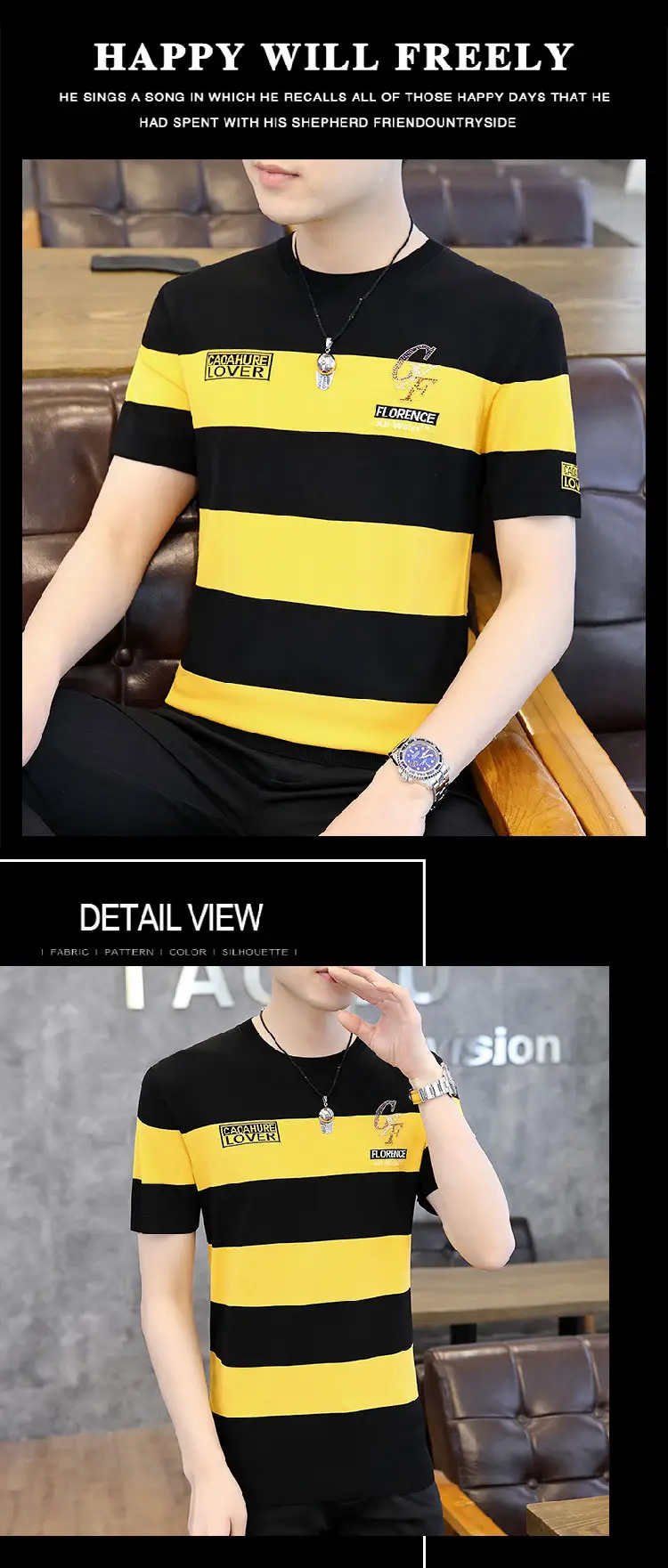 Men Knitted Striped T-Shirt Black Blue Loose Fit — feature 11