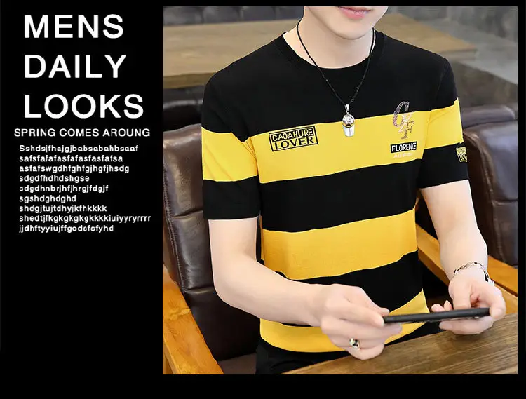 Men Knitted Striped T-Shirt Black Blue Loose Fit — feature 13