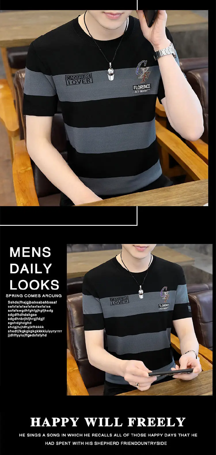 Men Knitted Striped T-Shirt Black Blue Loose Fit — feature 15
