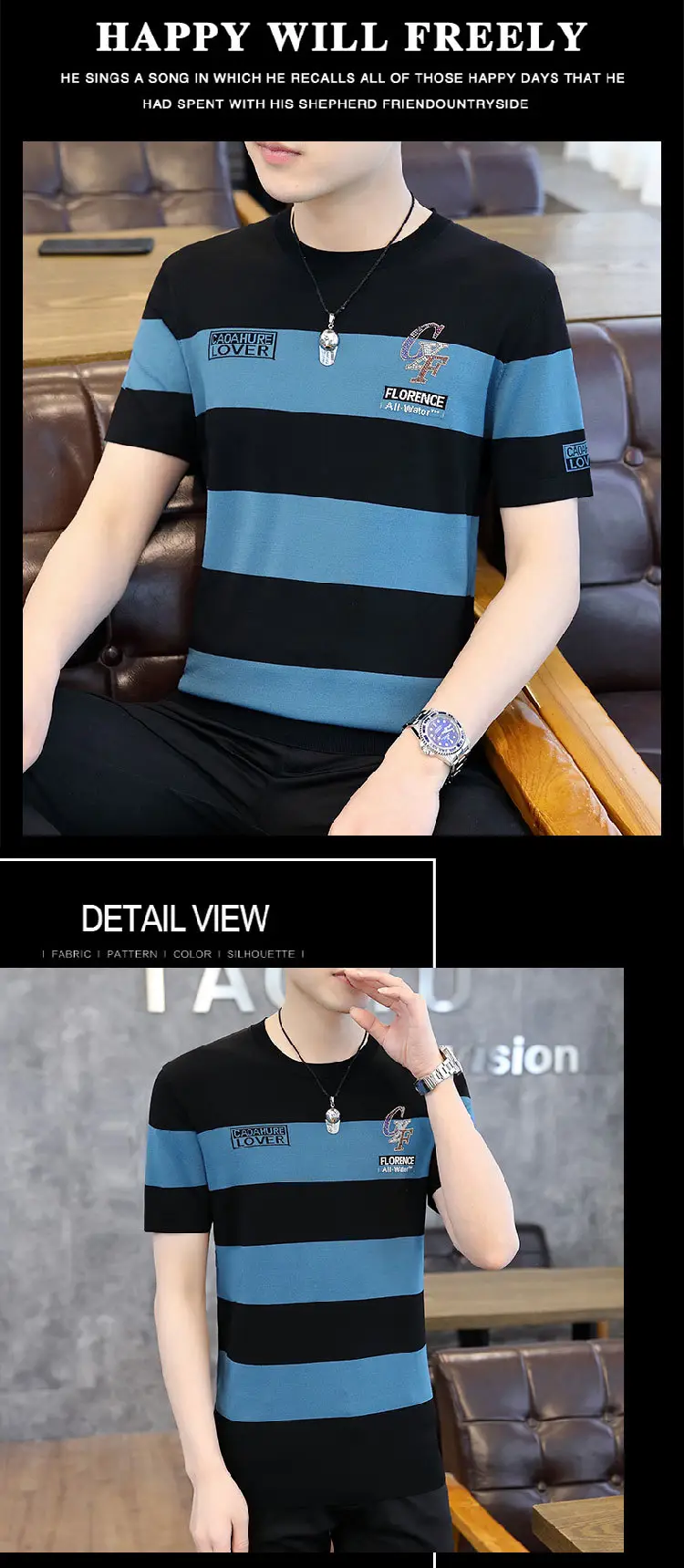 Men Knitted Striped T-Shirt Black Blue Loose Fit — feature 9