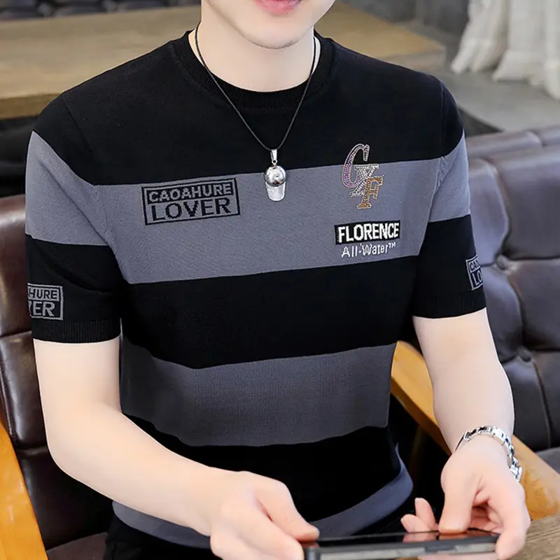 Men Knitted Striped T-Shirt Black Blue Loose Fit