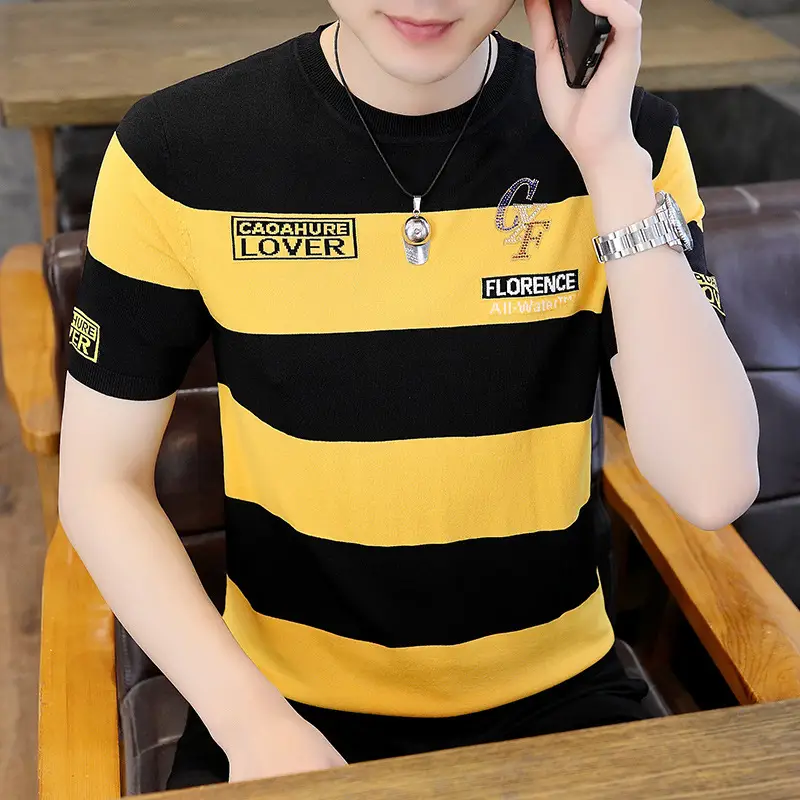 Men Knitted Striped T-Shirt Black Blue Loose Fit