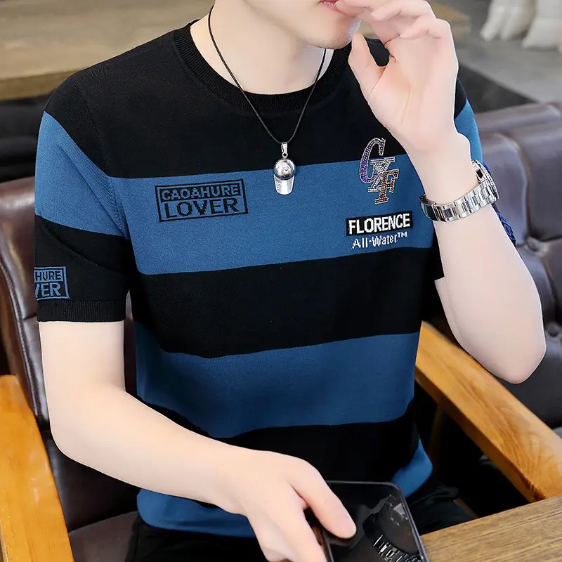 Men Knitted Striped T-Shirt Black Blue Loose Fit