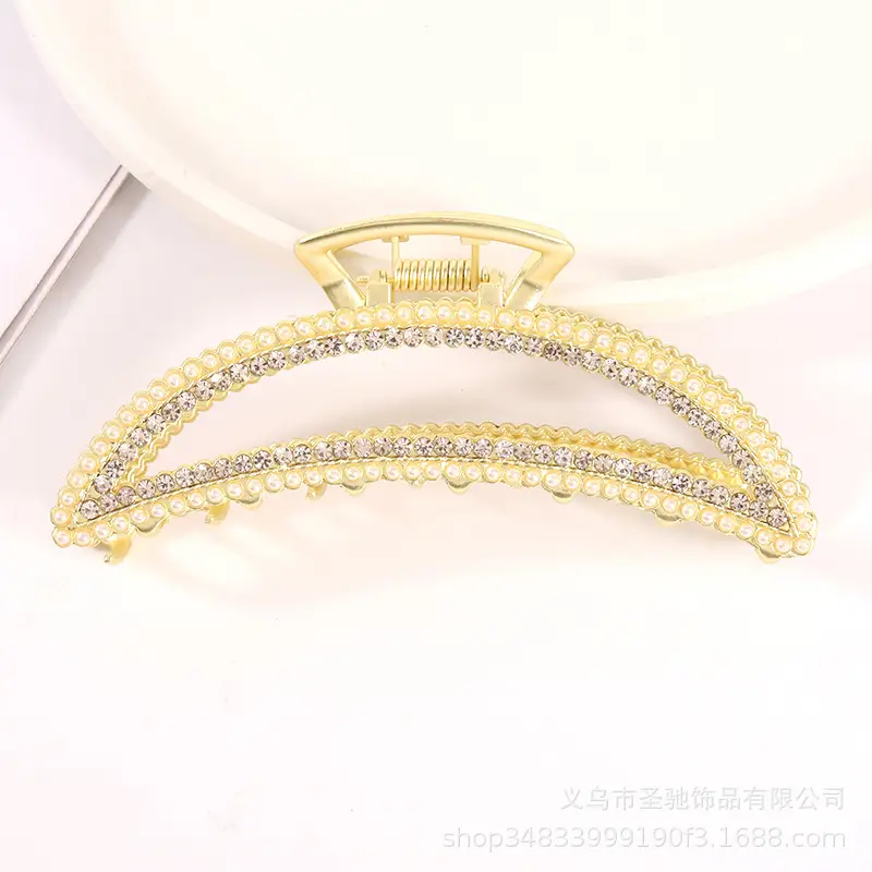 Diamond-Embedded Pearl Hairpin with Shark Clip Grip