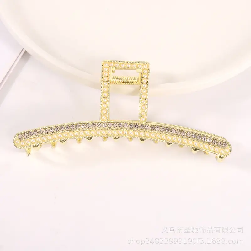 Diamond-Embedded Pearl Hairpin with Shark Clip Grip