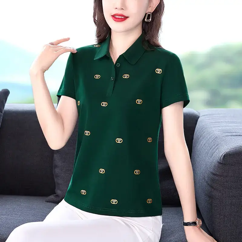 Women Printed Polo Shirt Green 2022 New - Image 3
