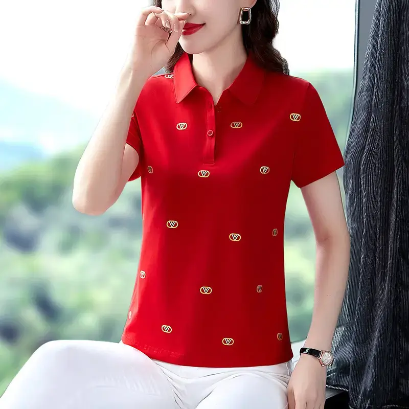 Women Printed Polo Shirt Green 2022 New - Image 9