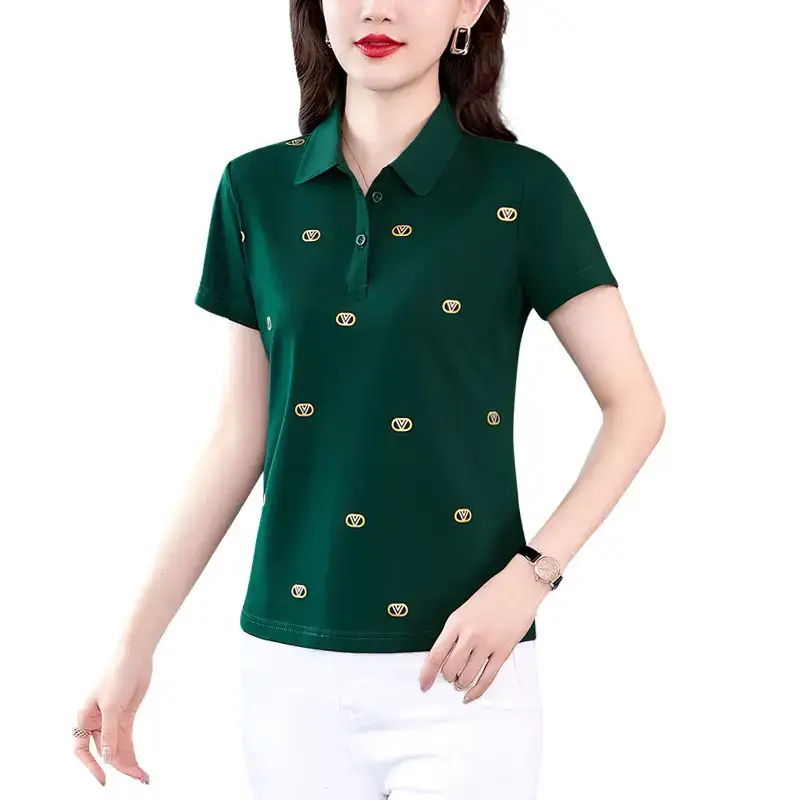 Women Printed Polo Shirt Green 2022 New - Image 10