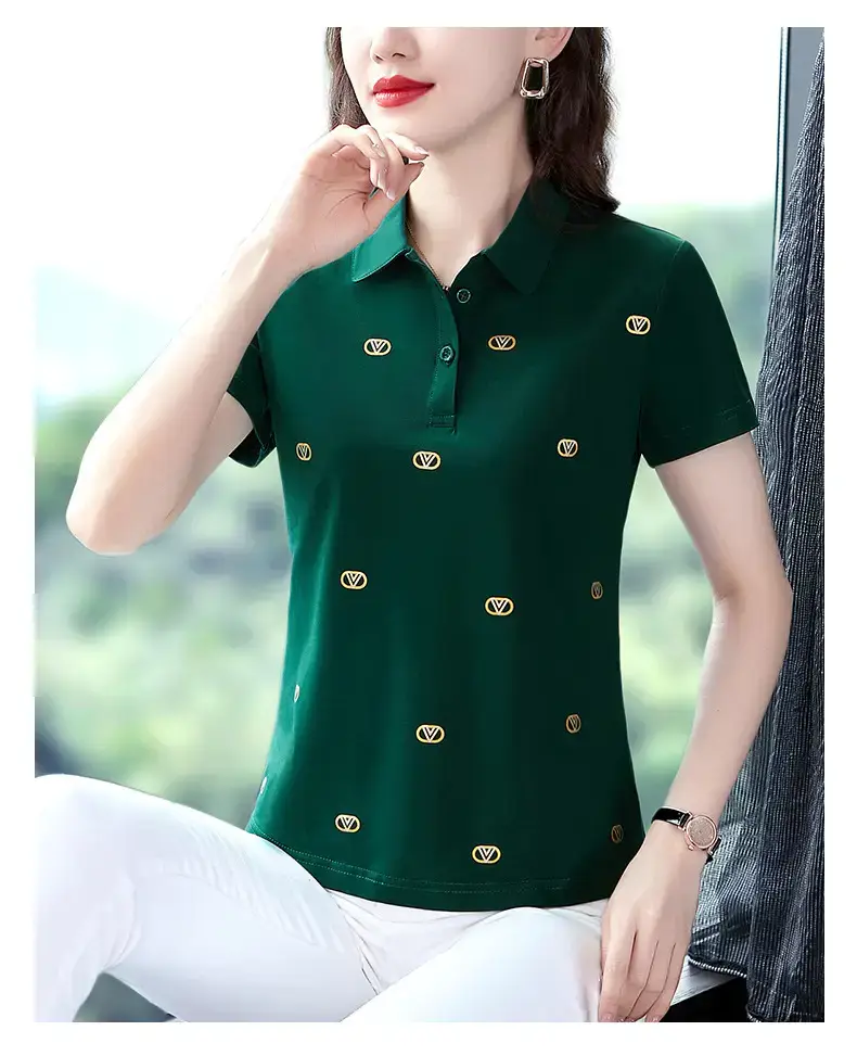 Women Printed Polo Shirt Green 2022 New — feature 25