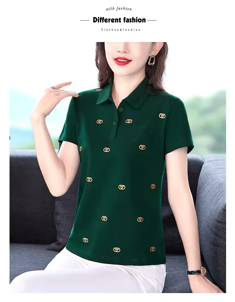 Women Printed Polo Shirt Green 2022 New — feature 26