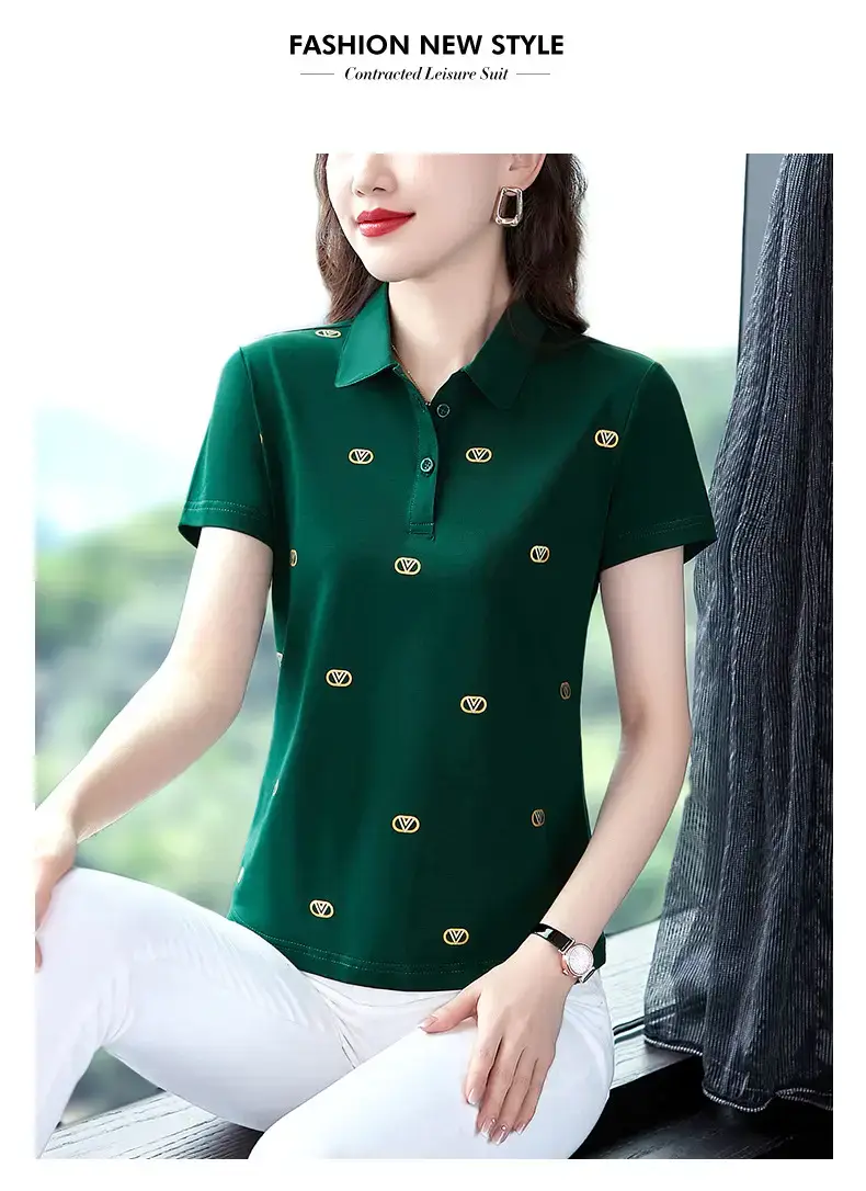 Women Printed Polo Shirt Green 2022 New — feature 28