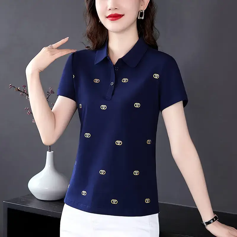 Women Printed Polo Shirt Green 2022 New - Image 4