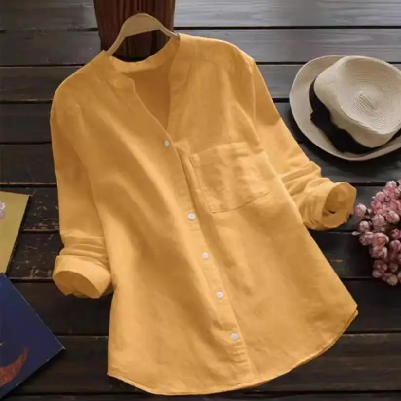 Women Cotton Linen Long Sleeve Top Plus Size Navy Blue - Image 10