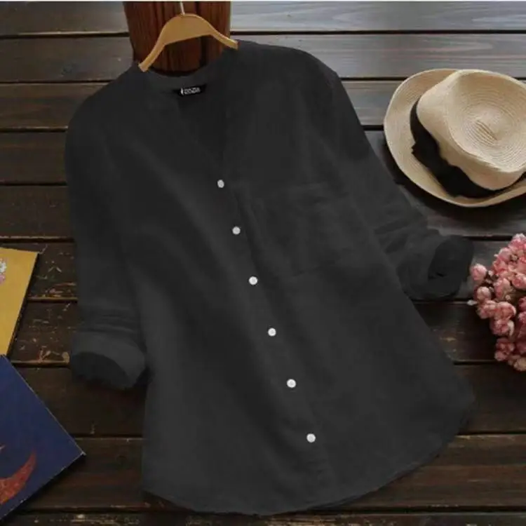 Women Cotton Linen Long Sleeve Top Plus Size Navy Blue - Image 2