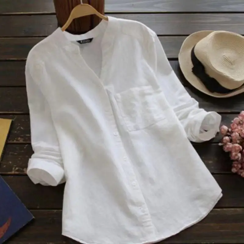 Women Cotton Linen Long Sleeve Top Plus Size Navy Blue - Image 11