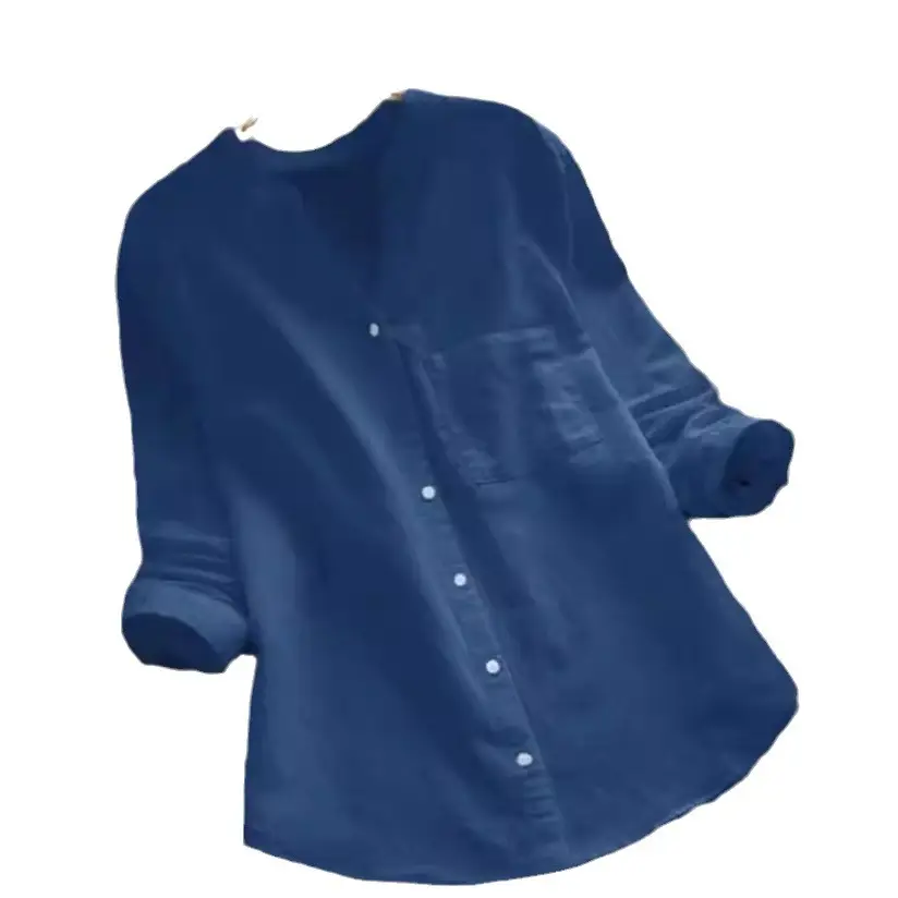 Women Cotton Linen Long Sleeve Top Plus Size Navy Blue - Image 12
