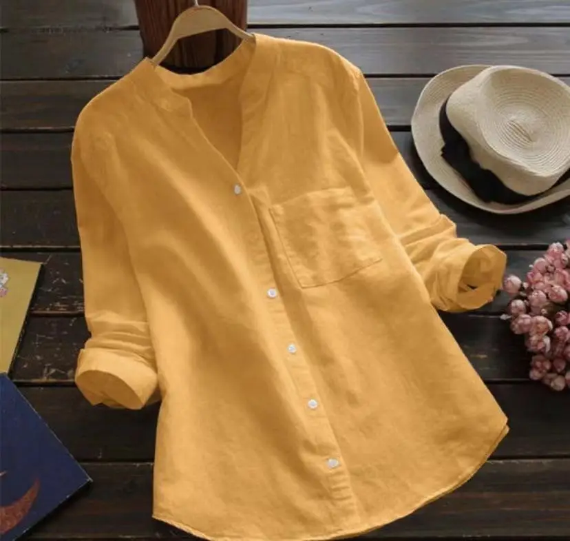 Women Cotton Linen Long Sleeve Top Plus Size Navy Blue - Image 3