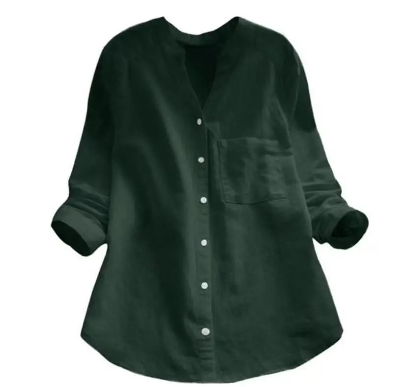 Women Cotton Linen Long Sleeve Top Plus Size Navy Blue - Image 5