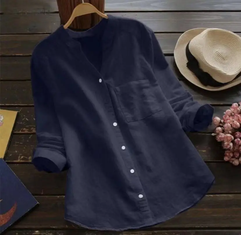 Women Cotton Linen Long Sleeve Top Plus Size Navy Blue - Image 8