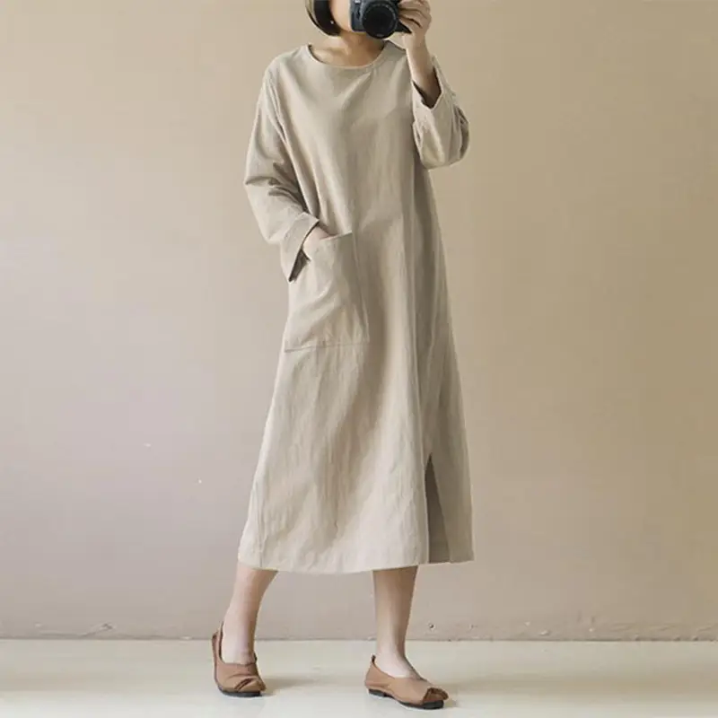 Women Linen Mid-Length Dress Artistic Retro Design