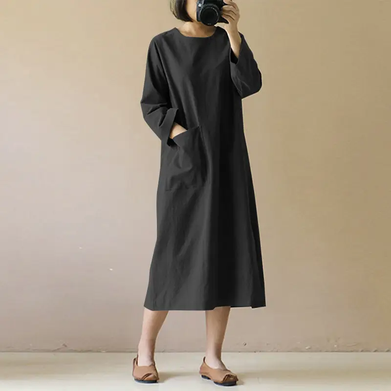 Women Linen Mid-Length Dress Artistic Retro Design