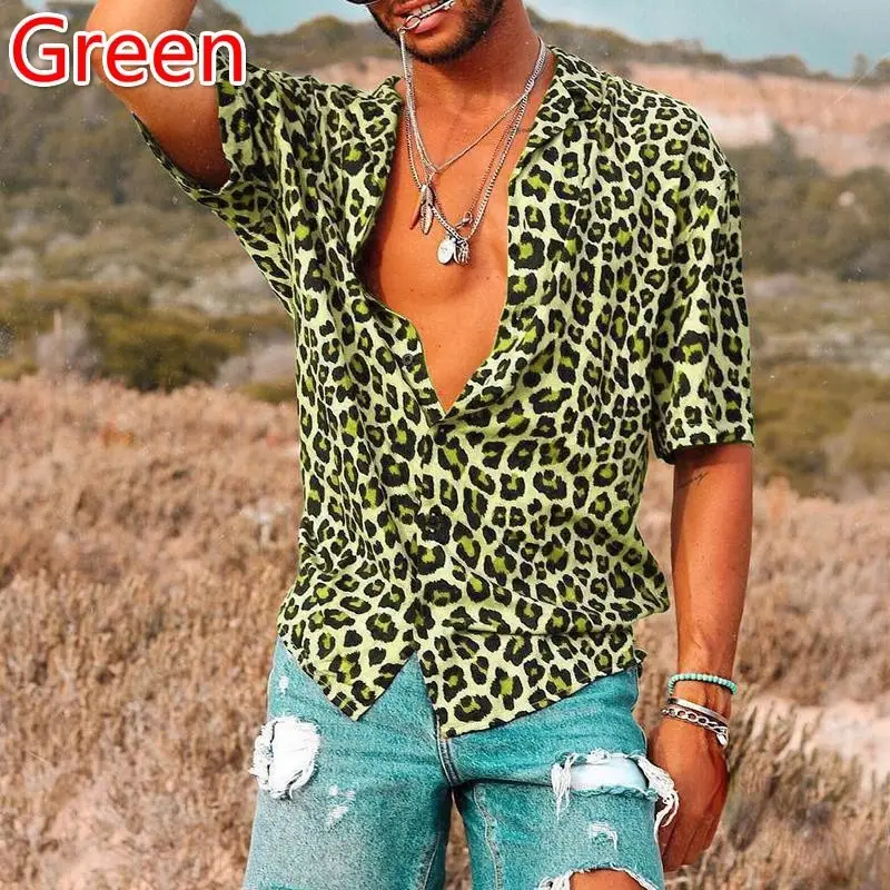 Men Leopard Print Short Sleeve Shirt Green 2025 - Image 5