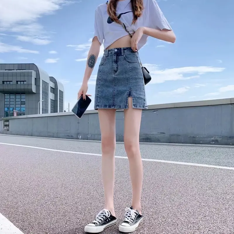 Women High Waist Stretch Denim Skirt Split Hip - Image 2