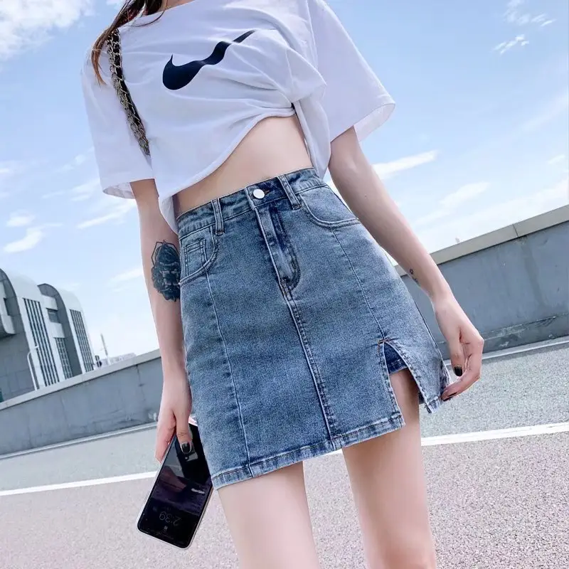 Women High Waist Stretch Denim Skirt Split Hip - Image 3
