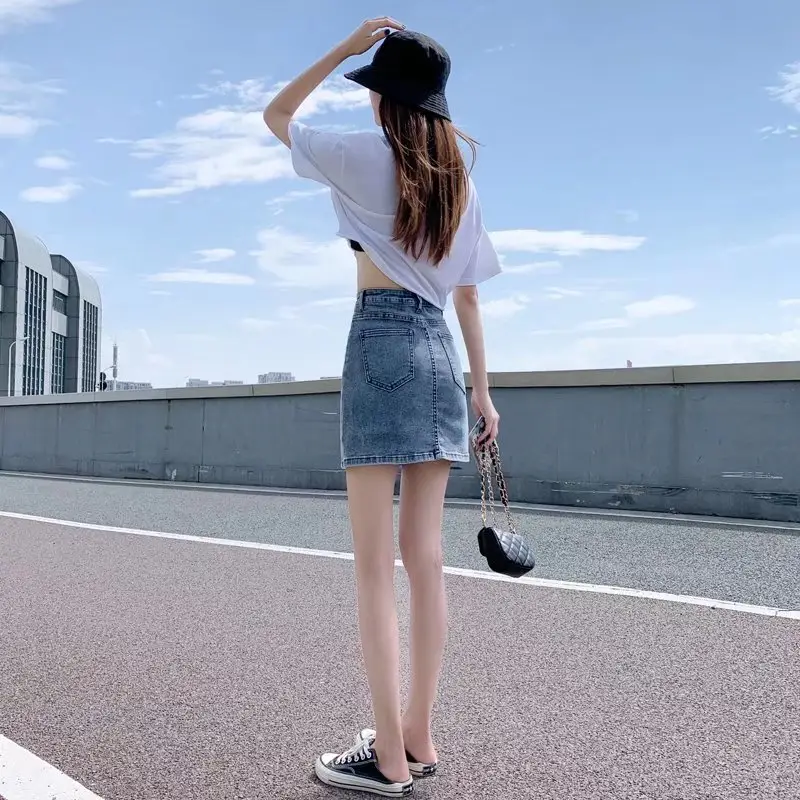 Women High Waist Stretch Denim Skirt Split Hip - Image 4