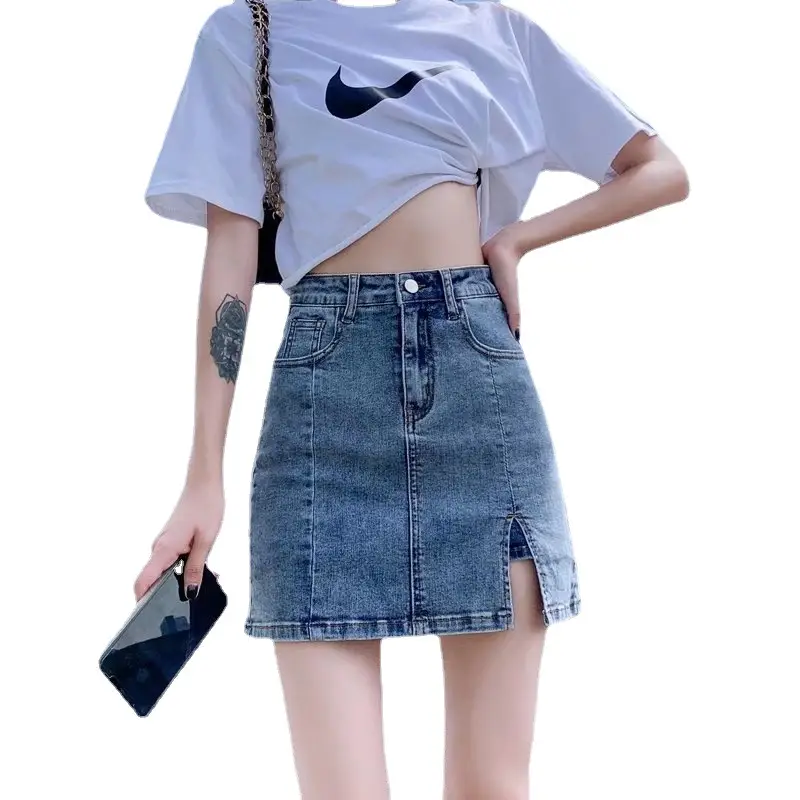 Women High Waist Stretch Denim Skirt Split Hip - Image 6