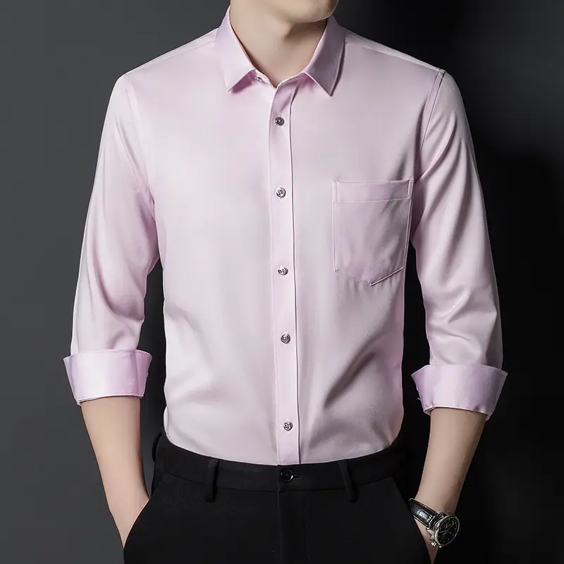Men's Pink Stretch Long Sleeve Business Shirt - Image 7
