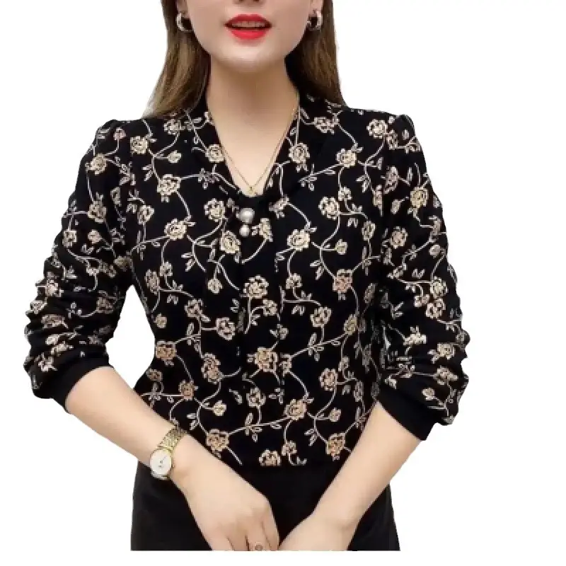 2025 Women's Leaf Print V-Neck T-Shirt Large Size