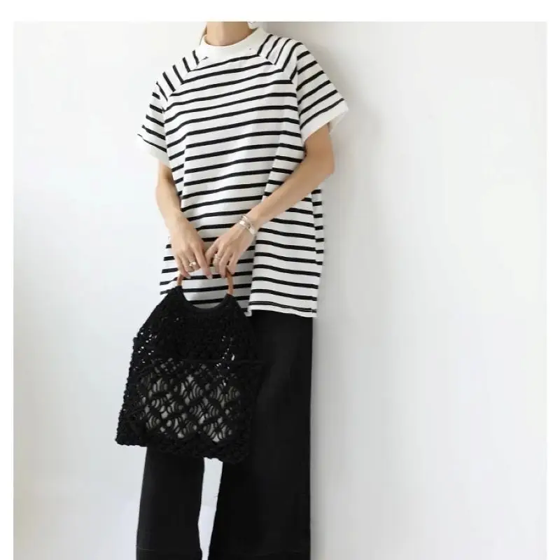 Women Striped Cotton T-Shirt Raglan Sleeve Half High Neck - Image 13