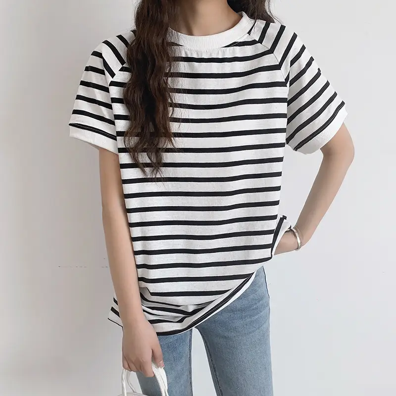 Women Striped Cotton T-Shirt Raglan Sleeve Half High Neck - Image 10