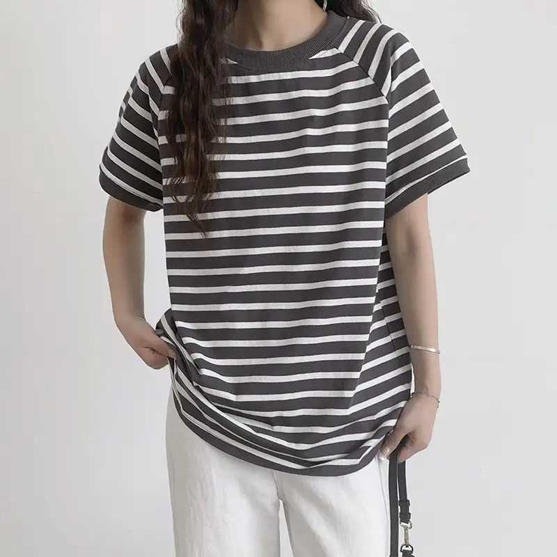Women Striped Cotton T-Shirt Raglan Sleeve Half High Neck - Image 11