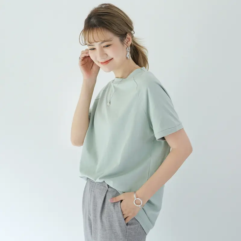 Women Striped Cotton T-Shirt Raglan Sleeve Half High Neck - Image 5