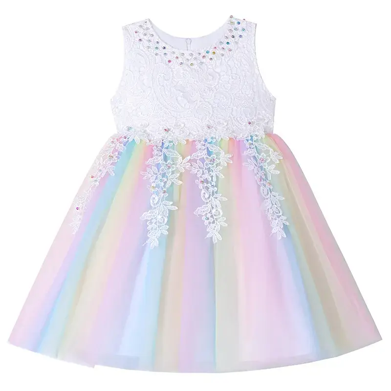 Children's Dress Summer Flower Children's Dress Host Piano Rainbow dress Gradient Mesh Sweet Princess Dress
