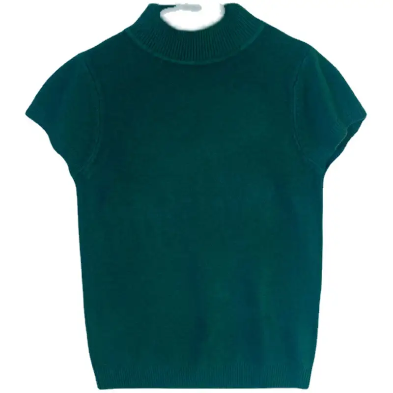 Women Green Knitted Half Turtleneck Short Sleeve Shirt - Image 8