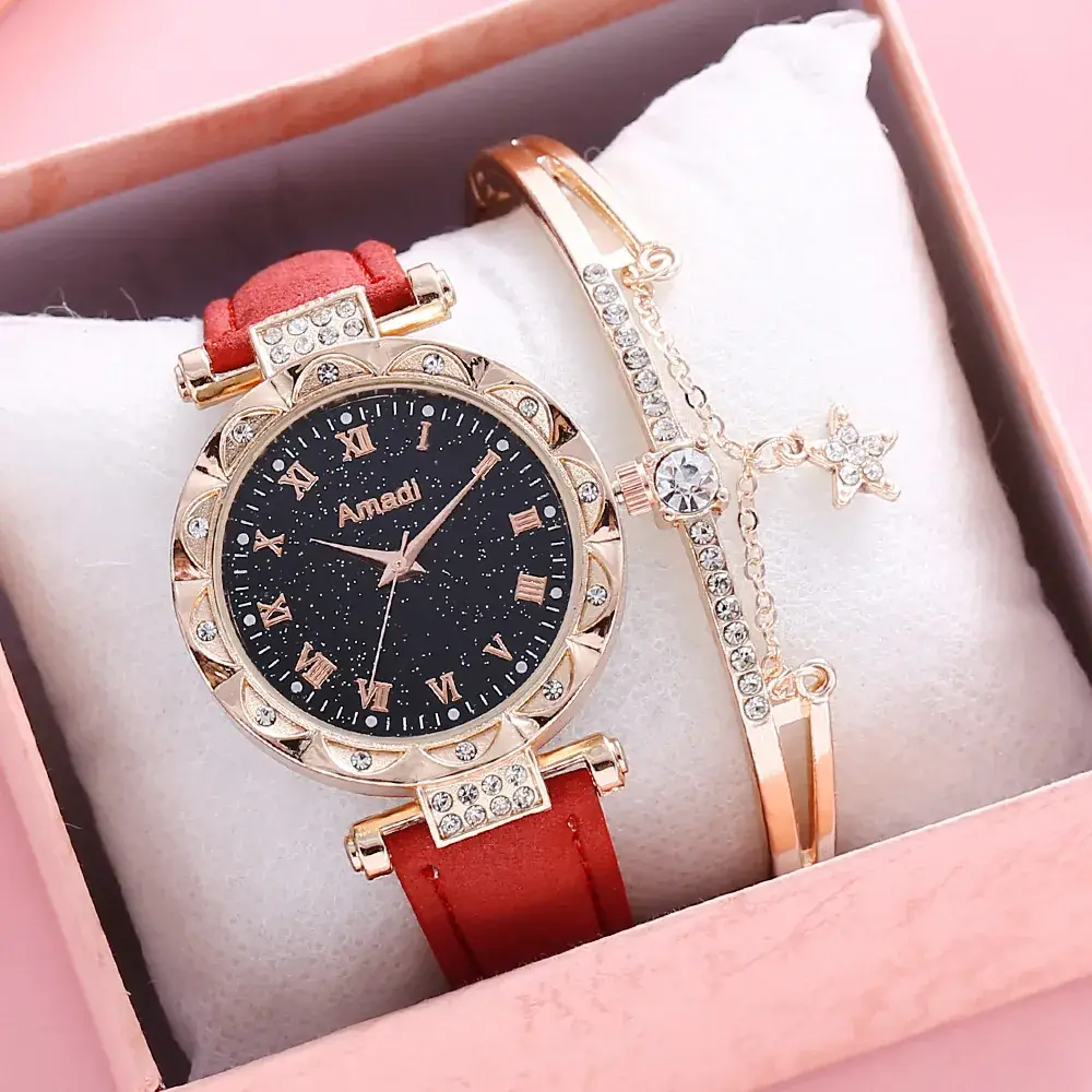 Women's Luminous Watch Set 3Pcs Red Strap Starry Design - Image 4