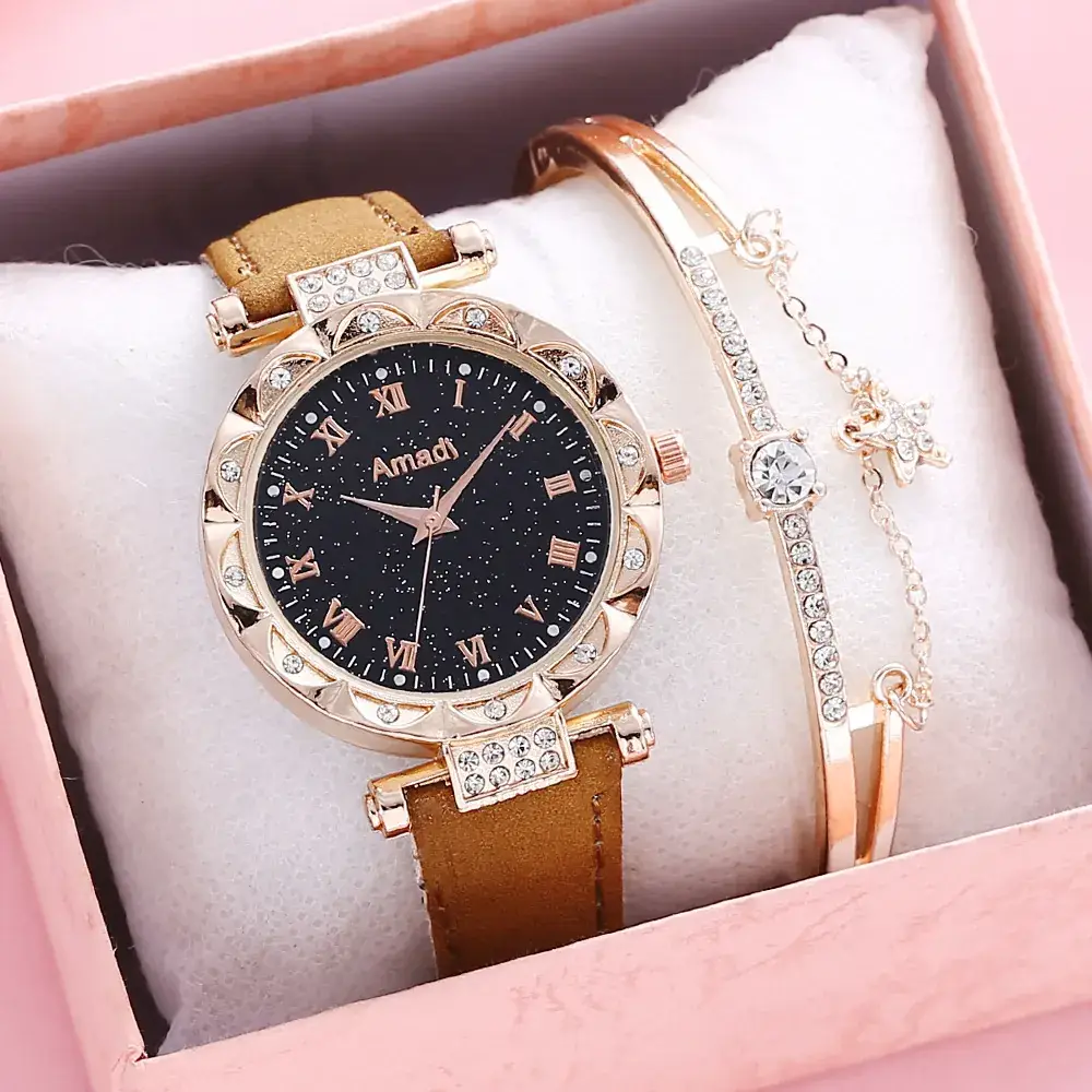 Women's Luminous Watch Set 3Pcs Red Strap Starry Design - Image 6