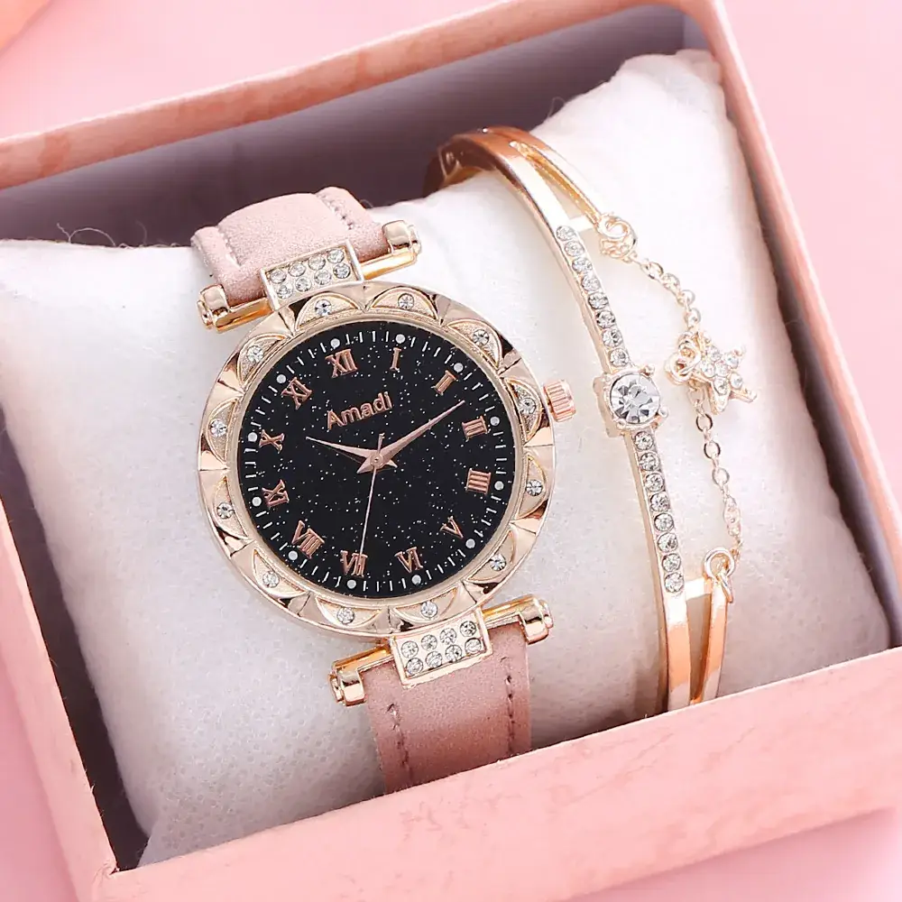 Women's Luminous Watch Set 3Pcs Red Strap Starry Design - Image 3