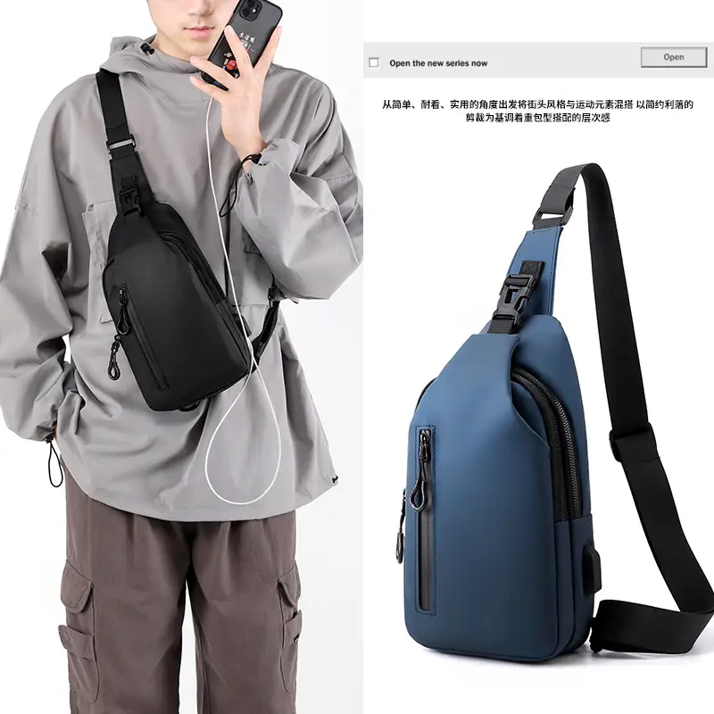 Men's Water-Repellent USB Charging Chest Bag Blue - Image 7