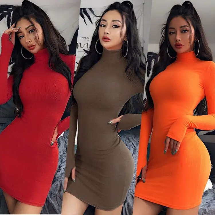 New Slim Fit High Neck Long Sleeve Hip Dress 2023