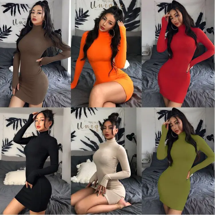 New Slim Fit High Neck Long Sleeve Hip Dress 2023