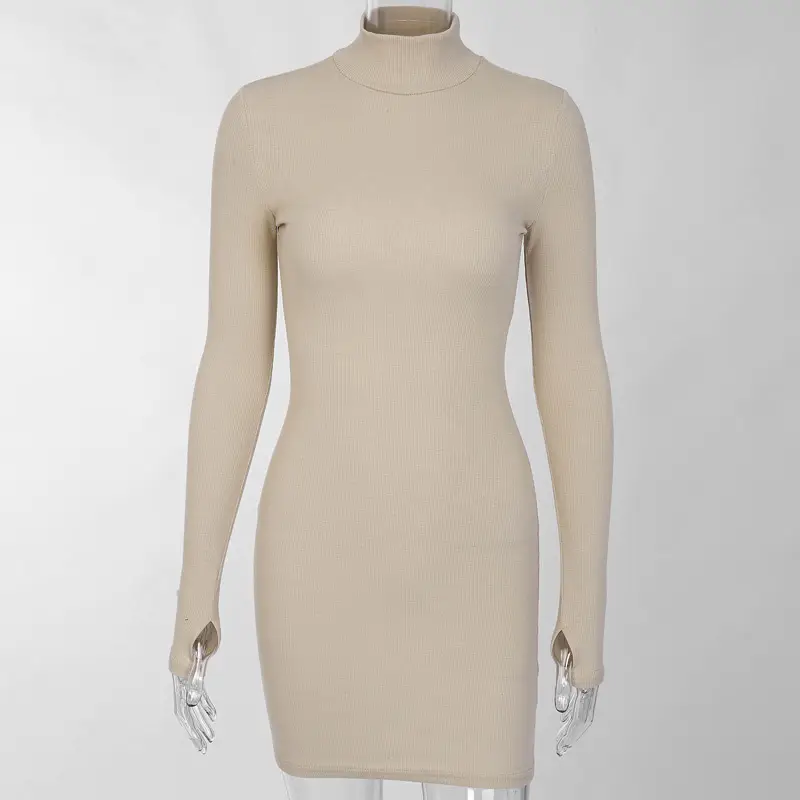 New Slim Fit High Neck Long Sleeve Hip Dress 2023